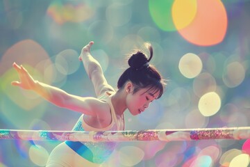 Graceful Japanese Gymnast Performing on Uneven Bars with Vibrant Bokeh Background - Ideal for Posters, Prints