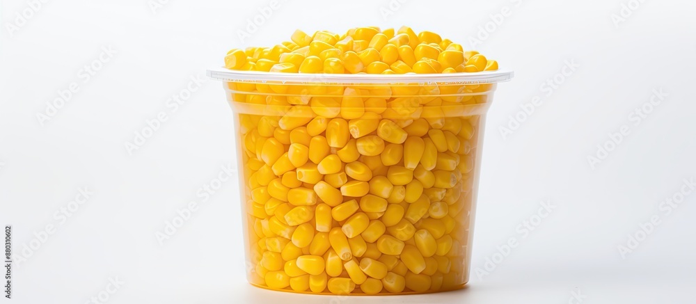 Poster corn seeds contained in a plastic cup on a white backdrop with copy space image.