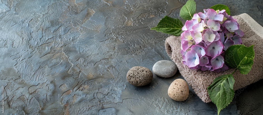 Poster Hydrangea and stones with herbal ball, towel on grey backdrop create a serene composition with copy space image.