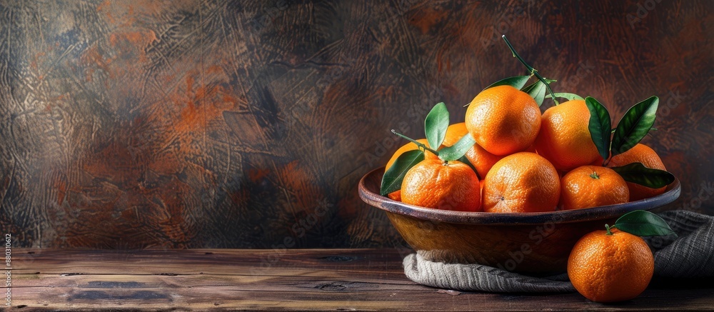 Poster bowl filled with sweet tangerines on a wooden backdrop with ample copy space image.
