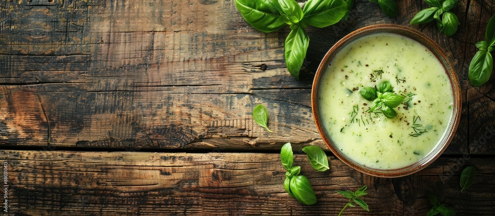 Poster top view of a delicious zucchini cream soup on a rustic wooden table with ample copy space image.