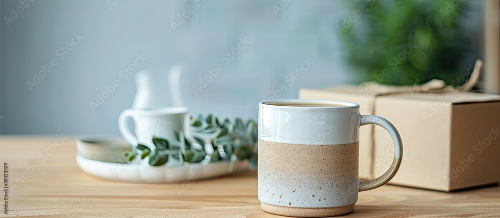 Aufkleber Ceramic mug displayed with a paper box, creating copy space image.