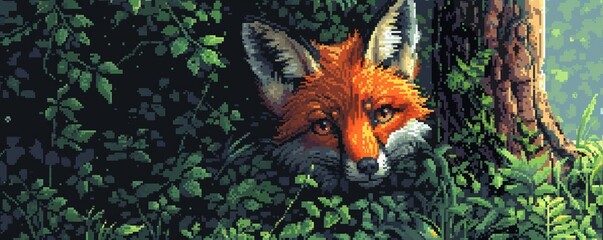 A pixel art illustration of a mischievous red fox peeking out from behind a tree, its curiosity piqued.