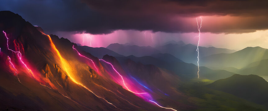 High-Contrast Colorful  Lightning Storm Over Mountain Range 