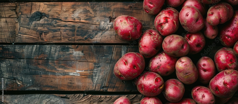 Aufkleber A top view of red skinned potatoes on a wooden surface with a duplicated image in the center, featuring copy space.