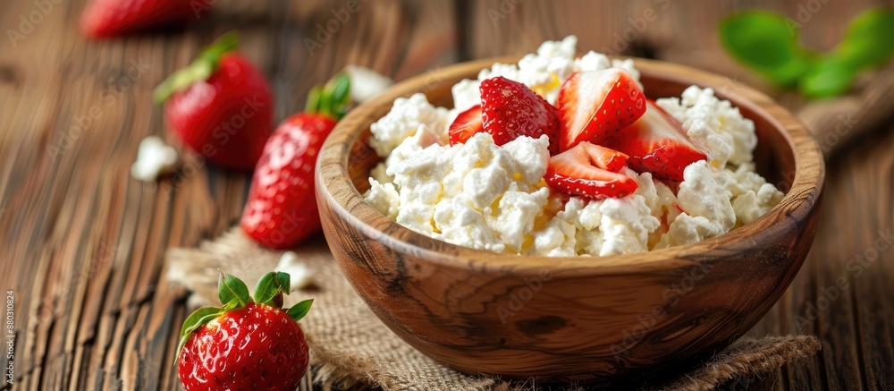Leinwandbilder selective focus image of cottage cheese with preserved strawberries in a wooden bowl on an oak table