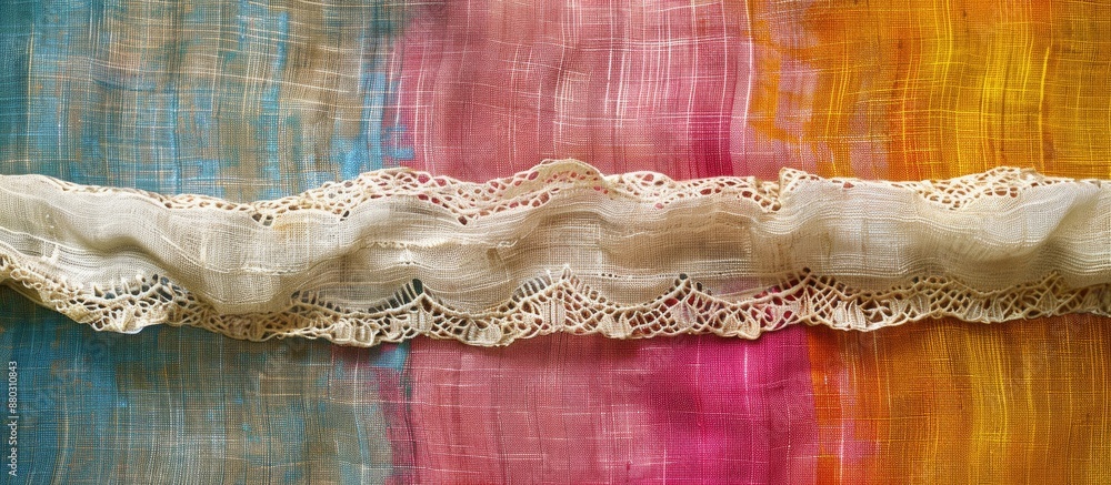 Poster Natural linen with lace ribbon against a vibrant cloth backdrop, creating a border frame for a copy space image.