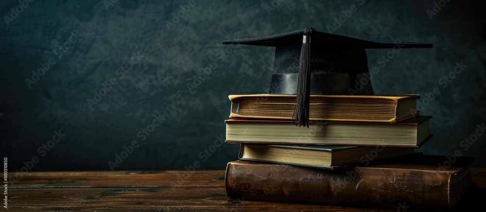 Aufkleber On a dark background, a graduation hat along with books is placed elegantly on a table, creating a visually appealing composition with copy space image.