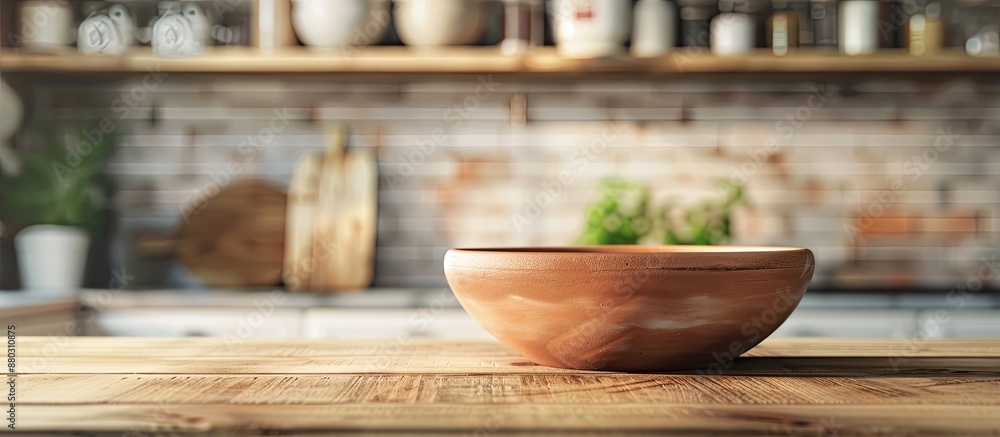 Poster a wooden table showcasing an empty clay bowl, with ample copy space image for product display on a k