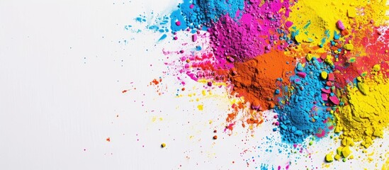 Top view of vibrant Holi powder on a white background with text for the Indian festival celebration, creating a joyful and colorful copy space image.