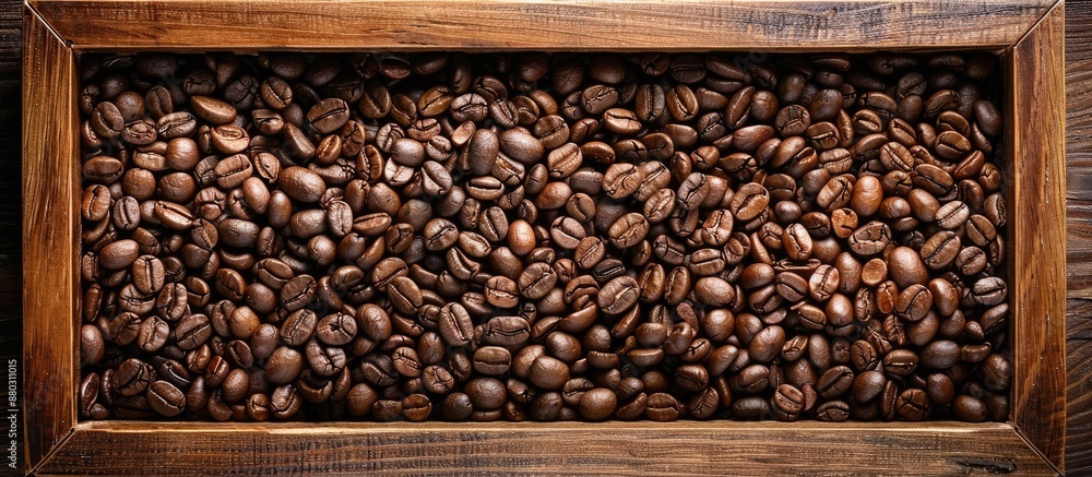 Poster top view of coffee beans in a wooden frame on a wooden background with copy space image.