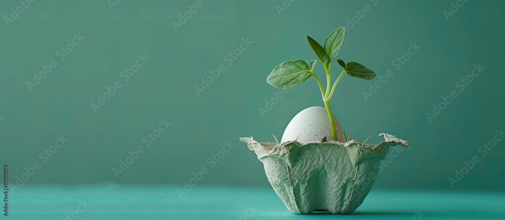 Poster Eggshell box displaying a tiny tomato sprout against a green background with copy space image.