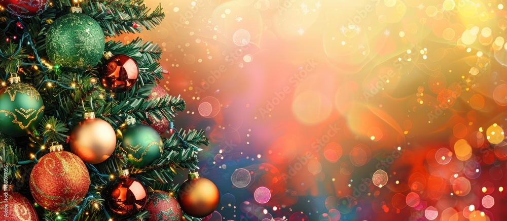 Poster a festive backdrop featuring a christmas tree adorned with colorful ornaments, suitable for use as a