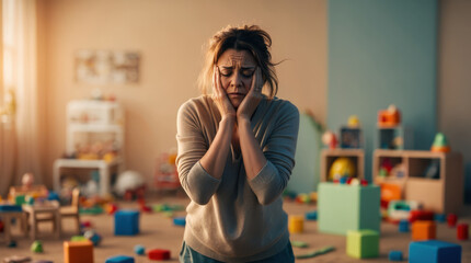 A woman stands in a messy playroom, holding her head in her hands, looking overwhelmed by the surrounding toys