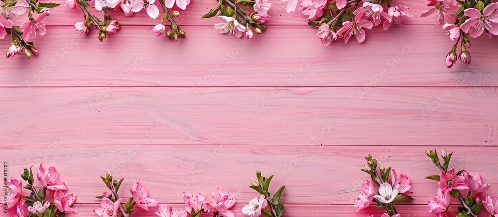 Aufkleber pink wooden background adorned with a border of lovely spring flowers, providing a flat lay view wit