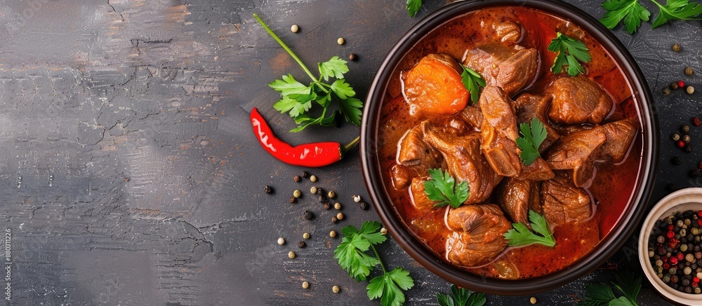 Poster indian-style lamb curry in a bowl with copy space image on a table.