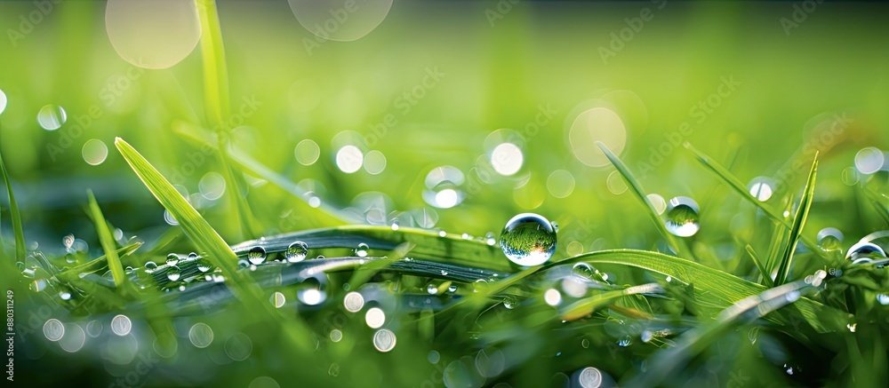 Poster captivating image showcasing a dew drop on vibrant green grass, illustrating the pure and fresh esse