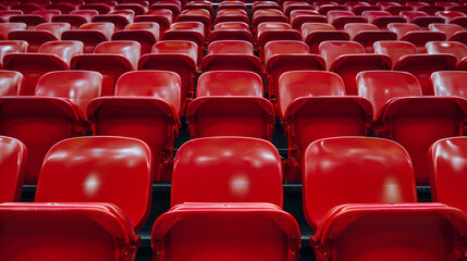 Obraz premium Rows of red plastic stadium seats, empty and without people, arranged on the podium.