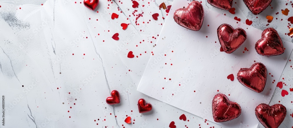 Poster valentine's day-themed flat lay on a white backdrop with red heart-shaped sweets, confetti, and an e