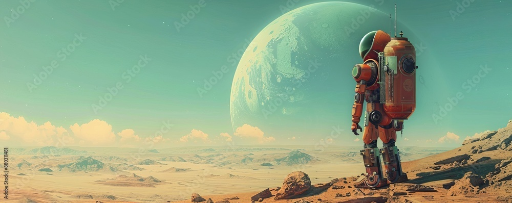 Poster retro-futuristic robot exploring desolate planet with pixelated form