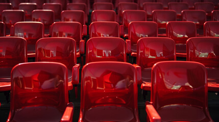 Naklejka premium Rows of red plastic stadium seats, empty and without people, arranged on the podium.