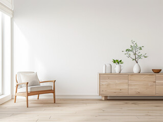 Empty room in a property with plain natural lighting and copy space. Residential Real Estate mockup composition with minimal furniture.