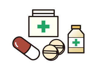 薬と救急箱のアイコンイラストセット_カラー