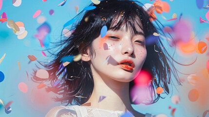 カラフルな紙吹雪の中で若いアジア人女性のエモーショナルなポートレート.