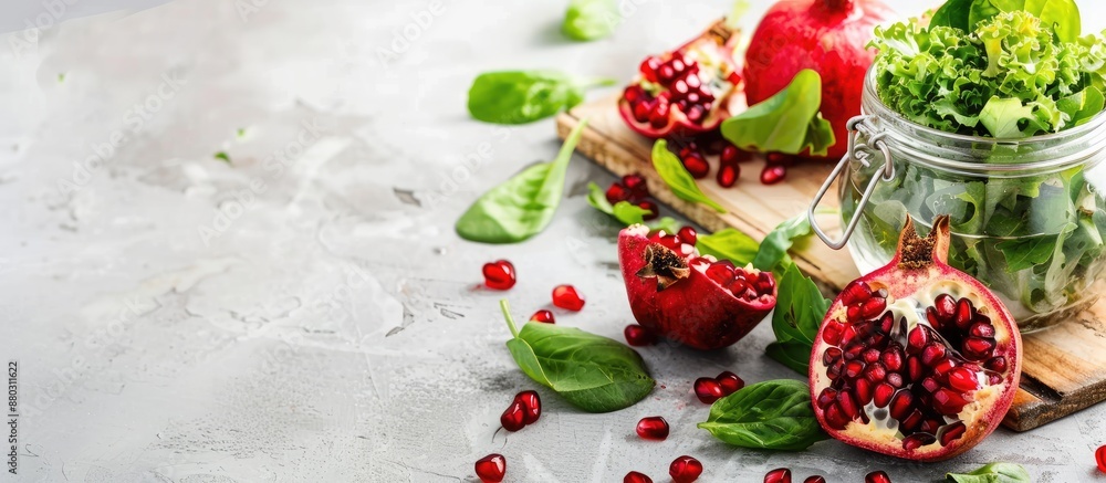 Poster white background with a kitchen board, featuring a jar of fresh green salad leaves along with a vibr