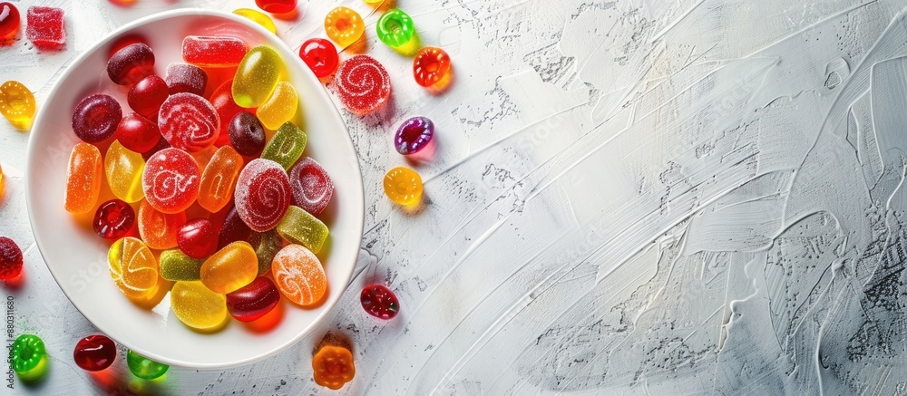 Poster Colorful and tasty candies displayed on a white table with available space for adding text or images, such as a copy space image.