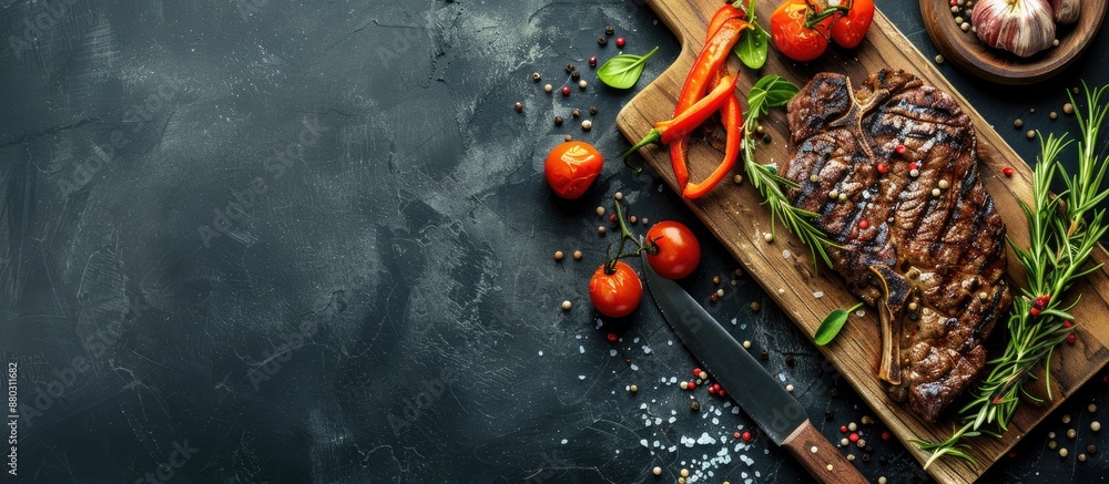 Poster ribeye steak set for grilling with veggies and seasoning on a wooden board with dark concrete backdr