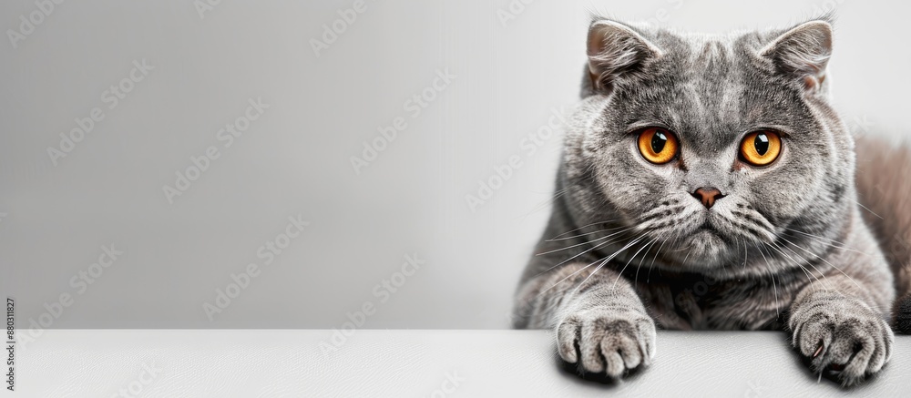 Poster scottish fold cat with a grey coat and vibrant yellow eyes, resting gracefully with a blank space fo
