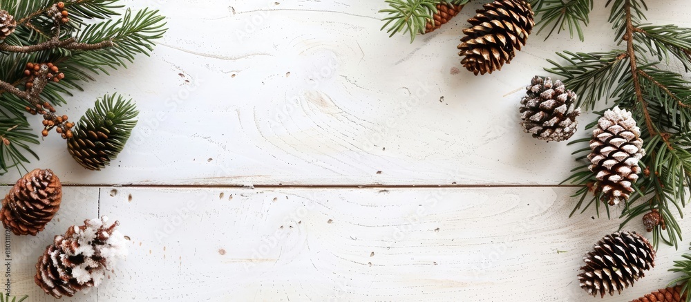 Aufkleber a festive background featuring christmas decorations, like pine and cypress cones with twigs, set on
