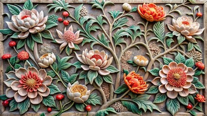 Obraz premium Intricately carved Chinese-style mural with flowers and peonies in gray stone color featuring three-dimensional relief carving on a wall.