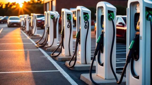 A line of electric vehicle charging stations with black cables and green charging ports against a backdrop of cars and a setting sun