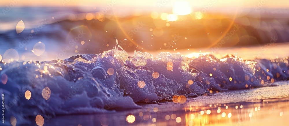 Poster Abstract bokeh background of a sunset beach with waves and sunlight reflecting on the water, creating a serene summer scene with copy space image.