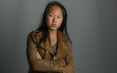 Fototapeta premium A woman with long hair is wearing a brown leather jacket and is looking at the camera. She is in a serious or contemplative mood