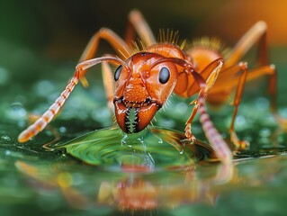 Naklejka premium Ant Drinking from a Water Droplet- Photograph an ant as it drinks from a tiny droplet of water