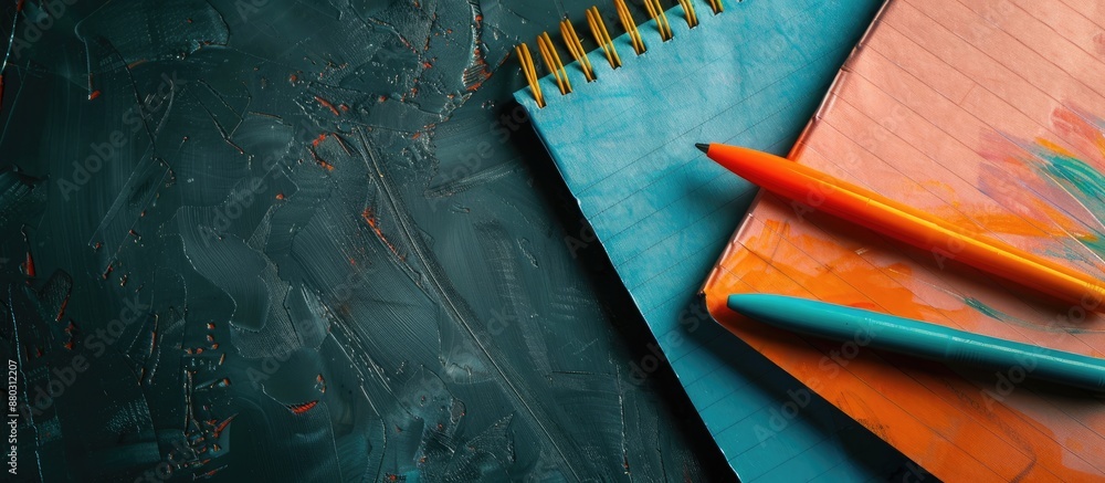 Fototapete Display an educational-themed notepad arranged in a row with a pen for practicing spelling on a dark backdrop, with a vacant area for text or images.