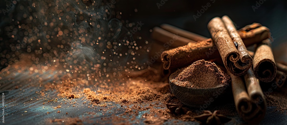 Poster Cinnamon sticks and ground powder in a setting with empty space for additional elements in the image.