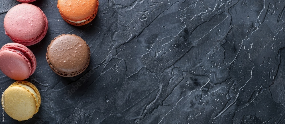 Poster Sweet macarons displayed on a textured black concrete surface viewed from above, featuring an empty area for text or other content within the image.