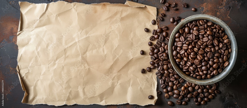 Aufkleber an aerial perspective of a blank paper and a container of coffee beans with blank space for text or 