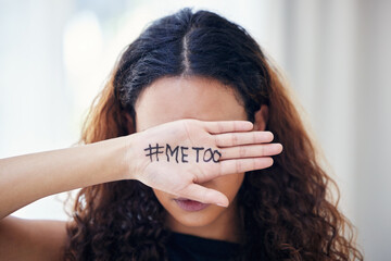 Hand, woman and hashtag to stop sexual harassment, abuse and fight for equality in human rights....