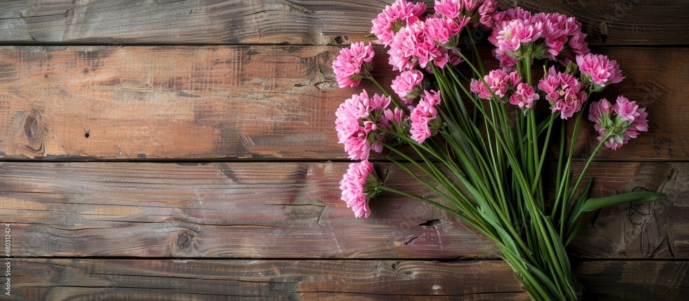 Poster Bouquet of pink cloves flowers for spring arranged on a rustic wooden surface from above for a flat lay photo with copy space image.