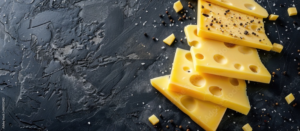 Poster cheese slices looking delicious against a dark backdrop with copy space image.