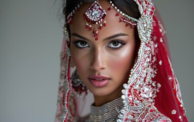 A woman wearing a red and white Indian wedding dress with a red headpiece. She has a red nose and is smiling