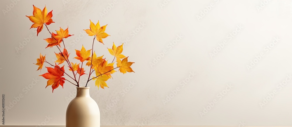 Aufkleber minimalist autumn concept with a vase containing maple leaves, focused on the arrangement with a cop