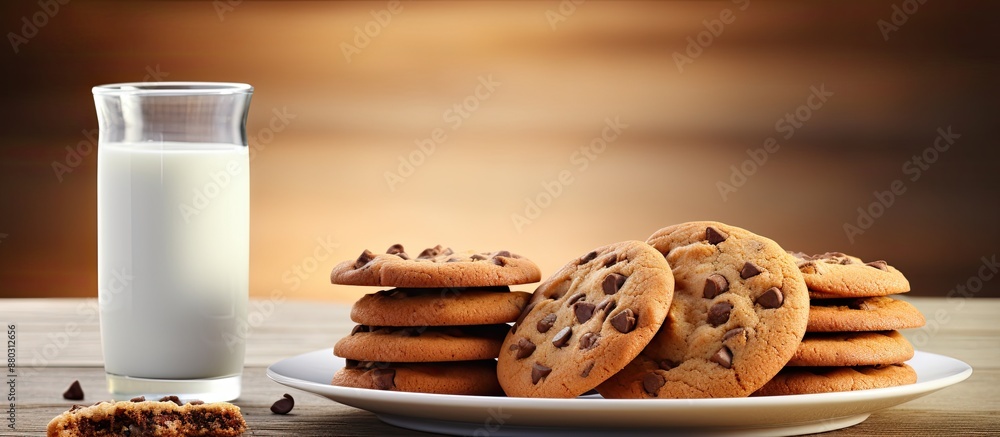 Poster delicious chocolate chip cookies on a white plate with milk bottles, against a simple background, cr