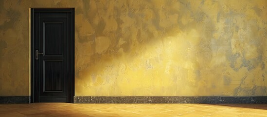 Beige walled room with a closed dark door, a yellow linoleum floor, providing an empty space for text or objects in the copy space image.