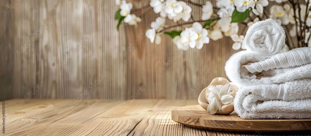 Poster Spa towels elegantly displayed on a wooden surface with inviting copy space image.
